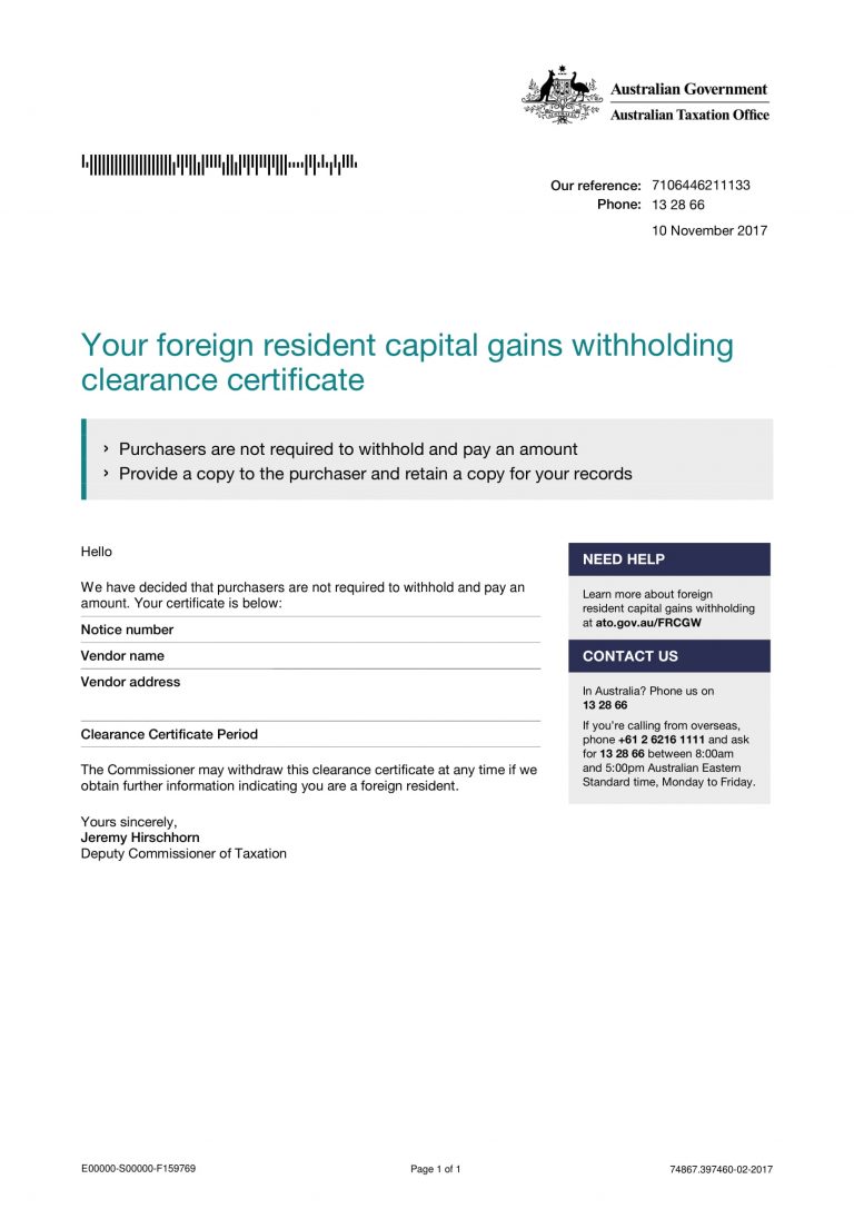 Foreign Resident Capital Gains Withholding FRCGW & Clearance Certificates